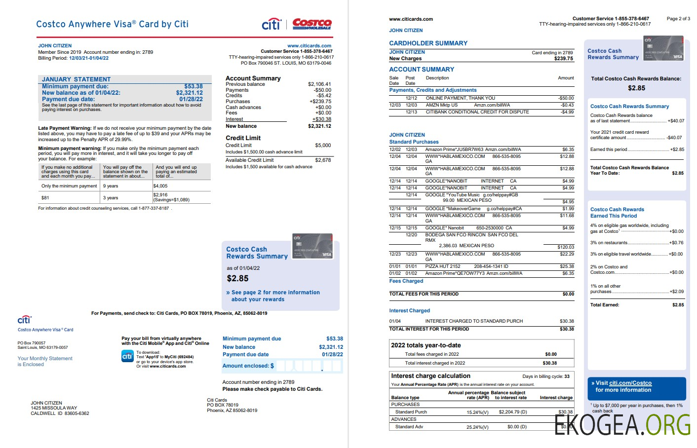 Carte Visa Costco Anywhere USA par relevé bancaire Citi 4 pages